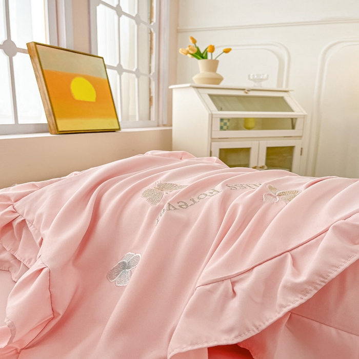 91家纺网 家纺一手货源 找家纺 恋之语 2025新款水洗棉刺绣花边四件套-蝶羽 蝶羽-粉