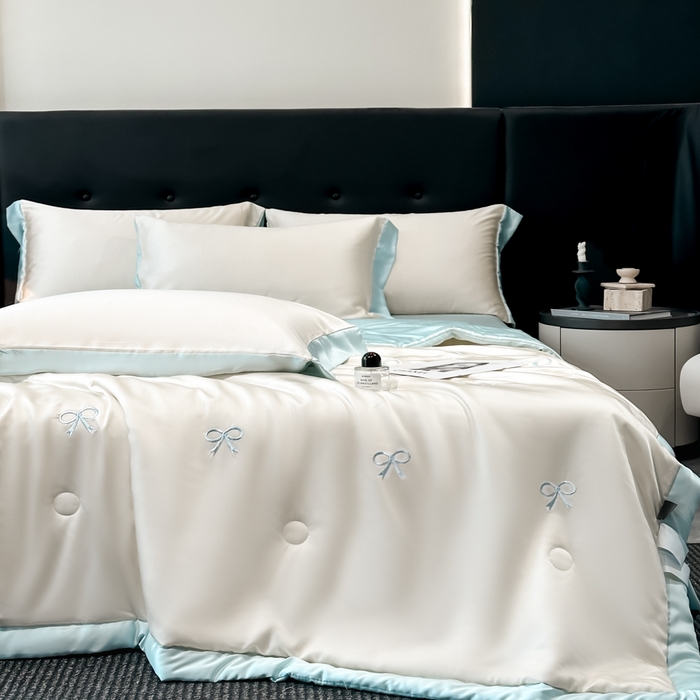 91家纺网 家纺一手货源 找家纺 满羽家纺 2025新款凉感冰丝夏被夏凉被空调被四件套 蝴蝶结-奶白兰