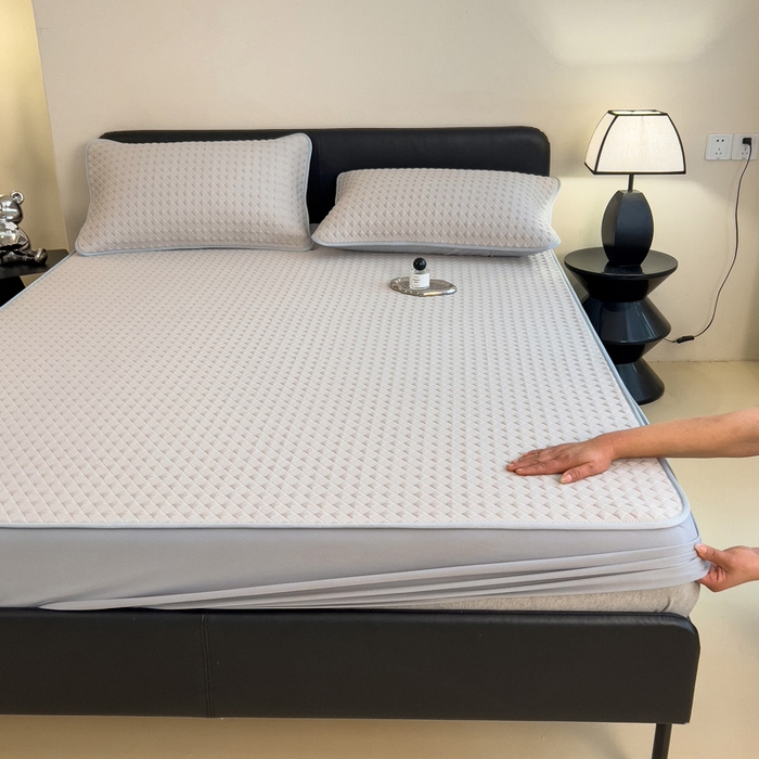 91家纺网 家纺一手货源 找家纺 席世家 2025新款凉感席冰豆豆席子三套件凉席床笠 小方格米咖-床笠款