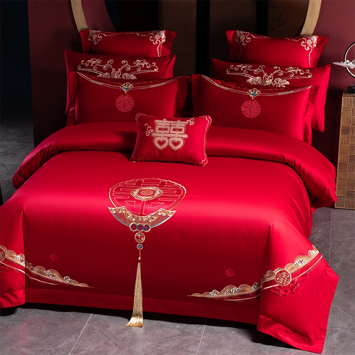 91家纺网 家纺一手货源 找家纺 博之洋婚庆 2025新款全棉长绒棉刺绣新中式婚庆系列多件套 喜悦