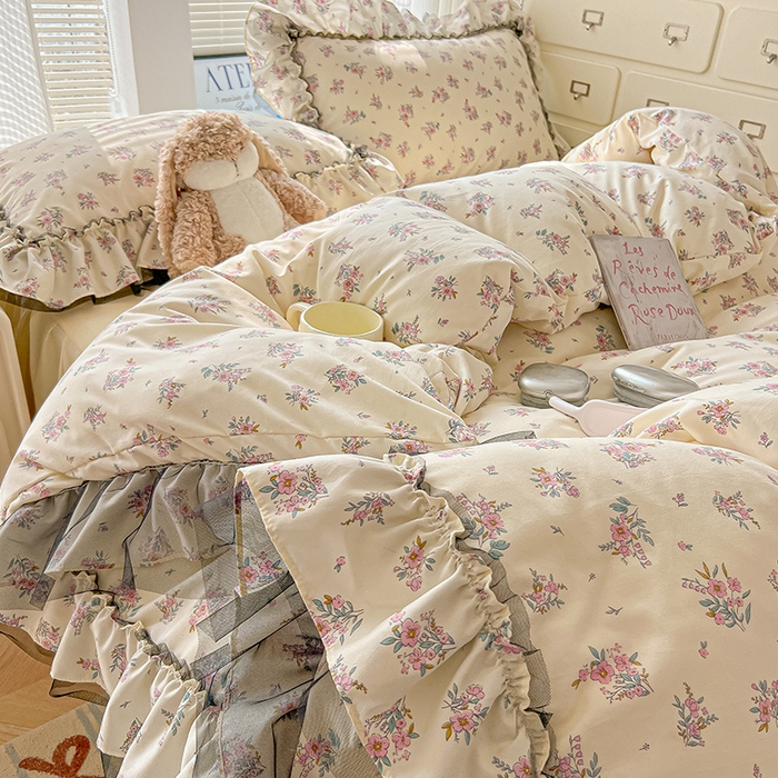 91家纺网 家纺一手货源 找家纺 眠帛家居 2025新款A类法式皱皱纱小清新蕾丝花边四件套 芬芳