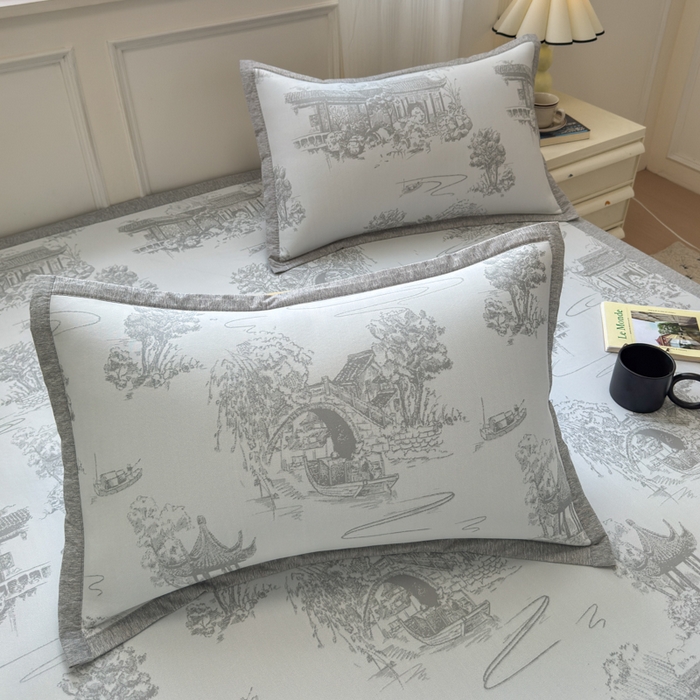 91家纺网 家纺一手货源 找家纺 花漾家居 2025新款A类色织提花PE凉感丝凉席三件套床单床笠款 床单款-江南灰