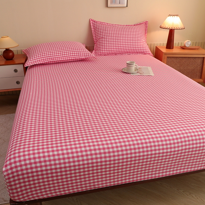 91家纺网 家纺一手货源 找家纺 绒多多 2025新款简约水洗棉色织床笠 深红小格