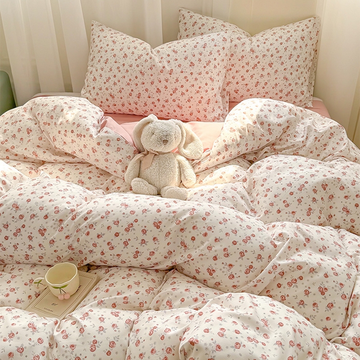 91家纺网 家纺一手货源 找家纺 丝芙妮家居2025新款水洗针织棉双层纱印花四件套 勿忘我