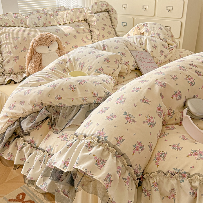 91家纺网 家纺一手货源 找家纺 眠帛家居 2025新款A类法式皱皱纱小清新蕾丝花边四件套 芬芳