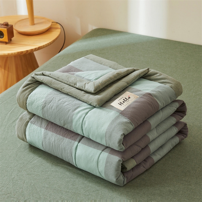 91家纺网 家纺一手货源 找家纺 恋人优选 2025新款纯棉色织水洗夏被 绿灰大格