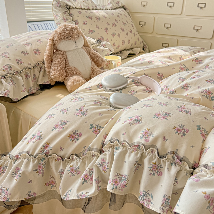 91家纺网 家纺一手货源 找家纺 眠帛家居 2025新款A类法式皱皱纱小清新蕾丝花边四件套 芬芳