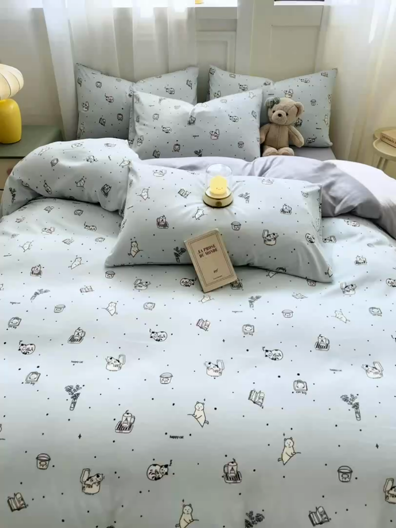 91家纺网 家纺一手货源 找家纺 丝芙妮家居2025新款水洗针织棉双层纱印花四件套 奇异猫