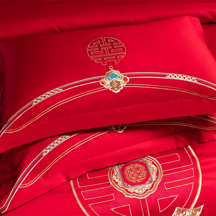 91家纺网 家纺一手货源 找家纺 博之洋婚庆 2025新款全棉长绒棉刺绣新中式婚庆系列多件套 喜悦