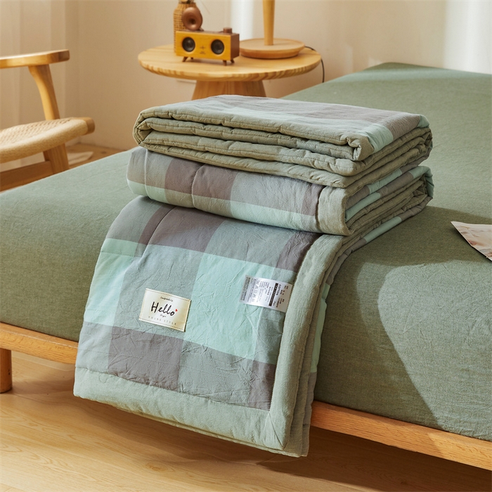 91家纺网 家纺一手货源 找家纺 恋人优选 2025新款纯棉色织水洗夏被 绿灰大格