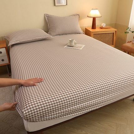 绒多多 2025新款简约水洗棉色织床笠 咖小格