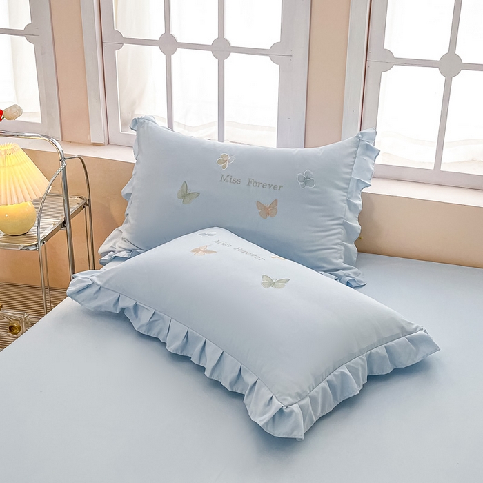 91家纺网 家纺一手货源 找家纺 恋之语 2025新款水洗棉刺绣花边四件套-蝶羽 蝶羽-蓝