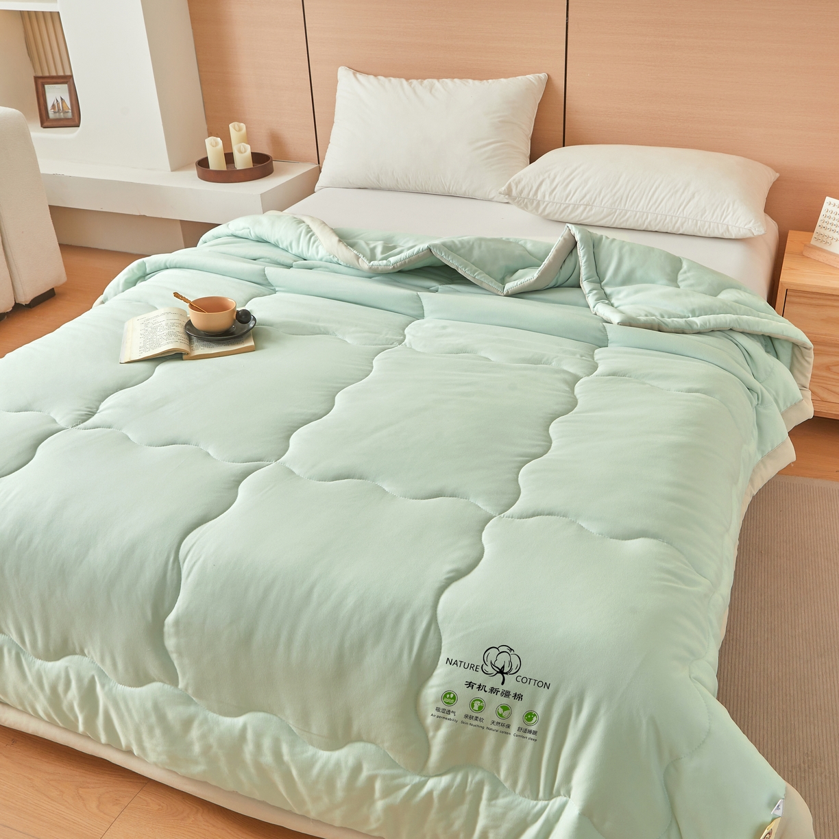 91家纺网 家纺一手货源 找家纺 易博家纺 2025新款格子纯色水洗棉无印风百分百新疆棉花夏被夏凉被被子被芯 冰激凌绿