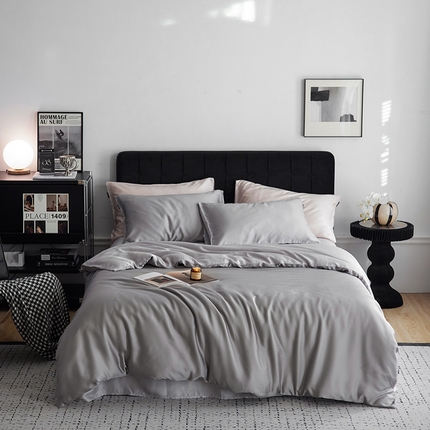 91家纺网 家纺一手货源 找家纺 2025新款春夏精致都市风60s兰精天丝纯色拼色四件套 暮云-玄灰