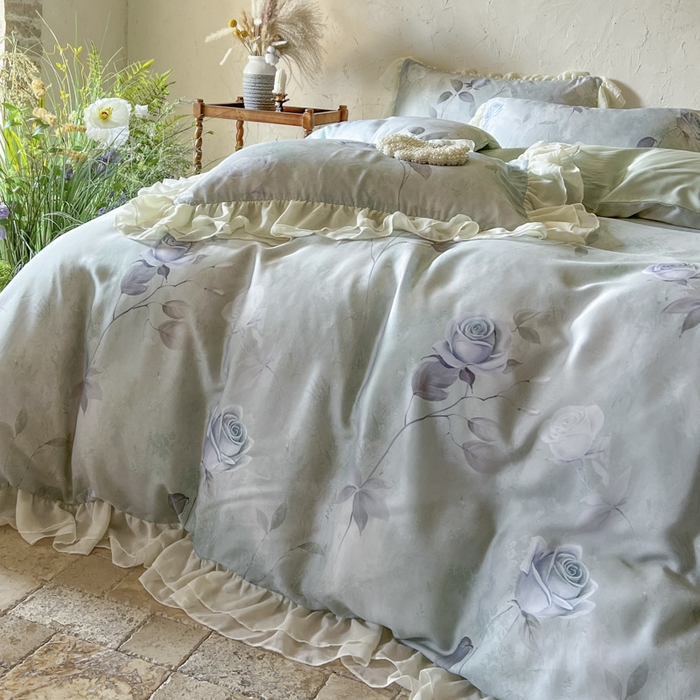 91家纺网 家纺一手货源 找家纺 亲亲公主 2025新款莱赛尔天丝棉玫瑰之恋四件套 玫瑰之恋一绿色