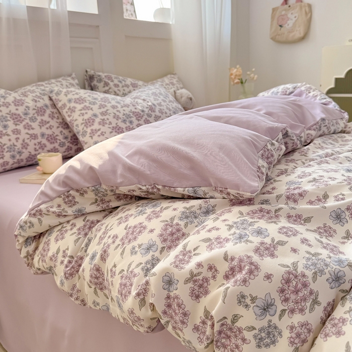 91家纺网 家纺一手货源 找家纺 丝芙妮家居2025新款水洗针织棉双层纱印花四件套 紫藤花开