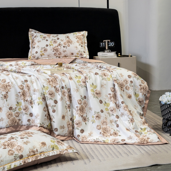 91家纺网 家纺一手货源 找家纺 归属2025新款水洗真丝夏被四件套空调被夏凉被 玫瑰园