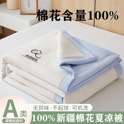 爱屋及屋 2025新款纯色撞色100%棉花填充夏被夏凉被空调被夏季可机洗薄被子被芯 天蓝+奶白