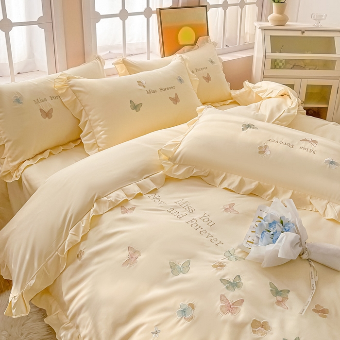 91家纺网 家纺一手货源 找家纺 恋之语 2025新款水洗棉刺绣花边四件套-蝶羽 蝶羽-黄