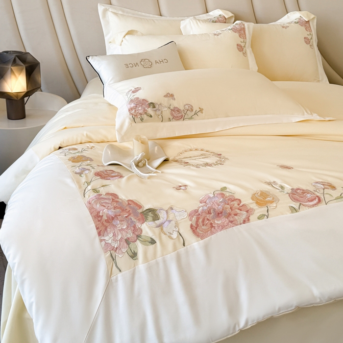 91家纺网 家纺一手货源 找家纺 恋之语 2025新款水洗棉刺绣四件套-伊莉莎 伊莉莎-黄