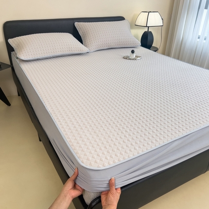 91家纺网 家纺一手货源 找家纺 席世家 2025新款凉感席冰豆豆席子三套件凉席床笠 小方格米咖-床笠款