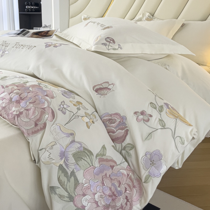 91家纺网 家纺一手货源 找家纺 （总）恋之语 2025新款水洗棉刺绣四件套-玫瑰花