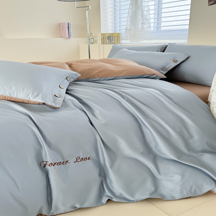 91家纺网 家纺一手货源 找家纺 2025新款A类纯色双拼长绒棉纯棉刺绣四件套 驼韵蓝调