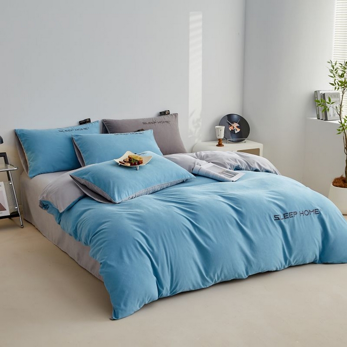 91家纺网 家纺一手货源 找家纺 恋之语 2025新款110克麻绳双拼刺绣四件套 天蓝+浅灰