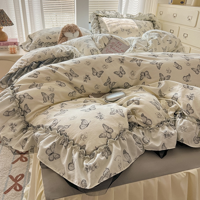 91家纺网 家纺一手货源 找家纺 （总）眠帛家居 2025新款A类法式皱皱纱小清新蕾丝花边四件套