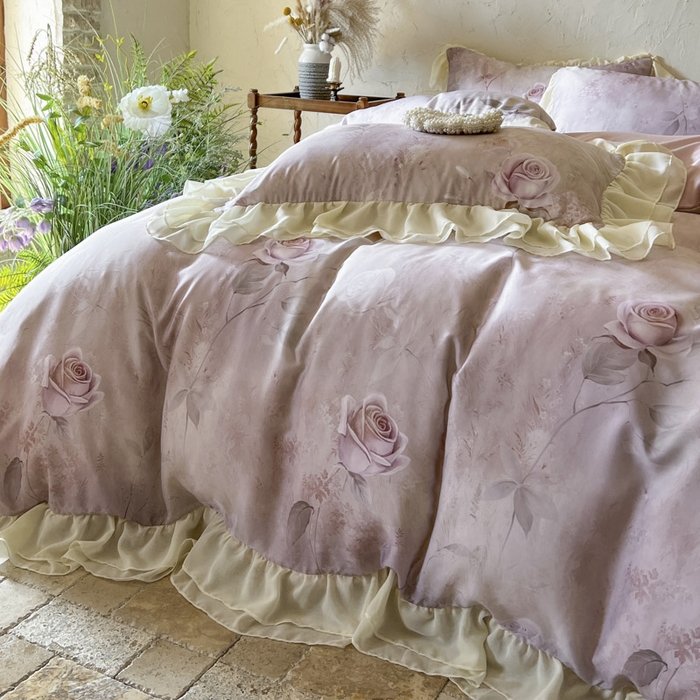 91家纺网 家纺一手货源 找家纺 亲亲公主 2025新款莱赛尔天丝棉玫瑰之恋四件套 玫瑰之恋一粉色