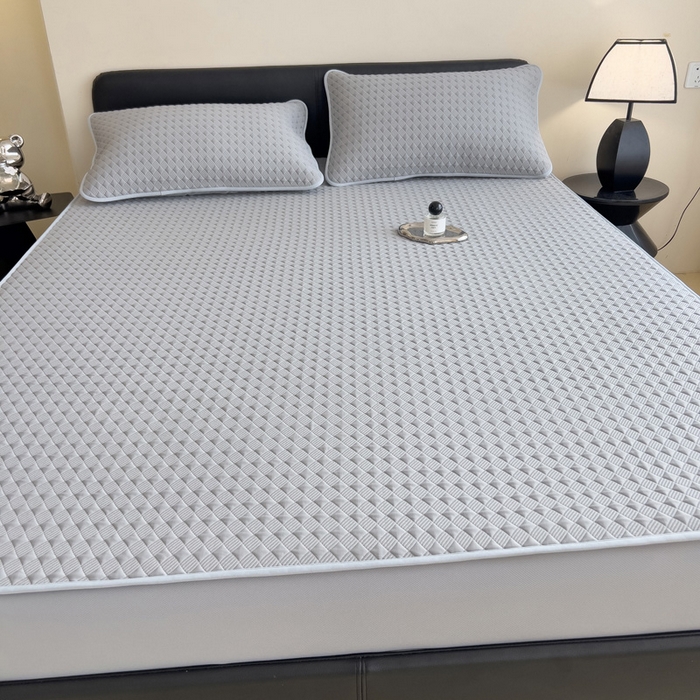 91家纺网 家纺一手货源 找家纺 席世家 2025新款凉感席冰豆豆席子三套件凉席床笠 小方格珍珠灰-床笠款