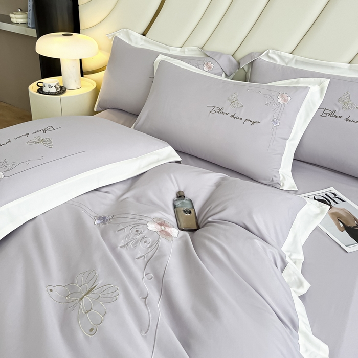 91家纺网 家纺一手货源 找家纺 恋之语 2025新款水洗棉刺绣四件套-锦绣花 锦绣花-浅灰