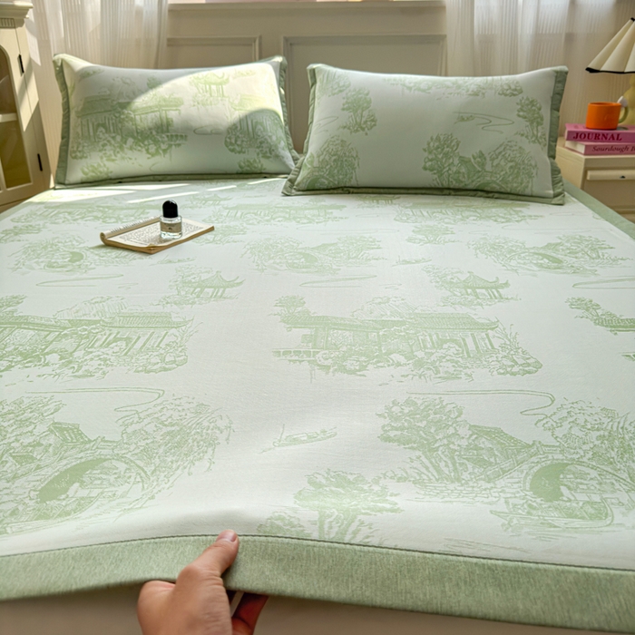 91家纺网 家纺一手货源 找家纺 花漾家居 2025新款A类色织提花PE凉感丝凉席三件套床单床笠款 床单款-江南绿