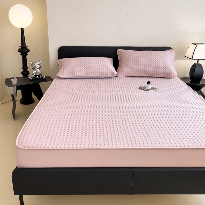 91家纺网 家纺一手货源 找家纺 席世家 2025新款凉感席冰豆豆席子三套件凉席床笠 小方格芙蓉粉-床笠款