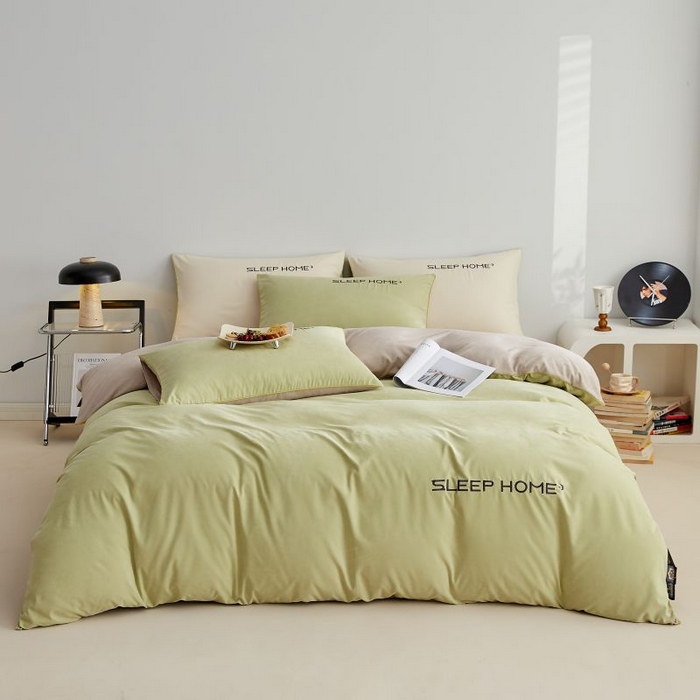 91家纺网 家纺一手货源 找家纺 恋之语 2025新款110克麻绳双拼刺绣单被套 抹茶绿+浅灰