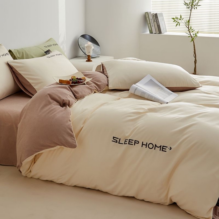 91家纺网 家纺一手货源 找家纺 恋之语 2025新款110克麻绳双拼刺绣四件套 米黄+浅咖