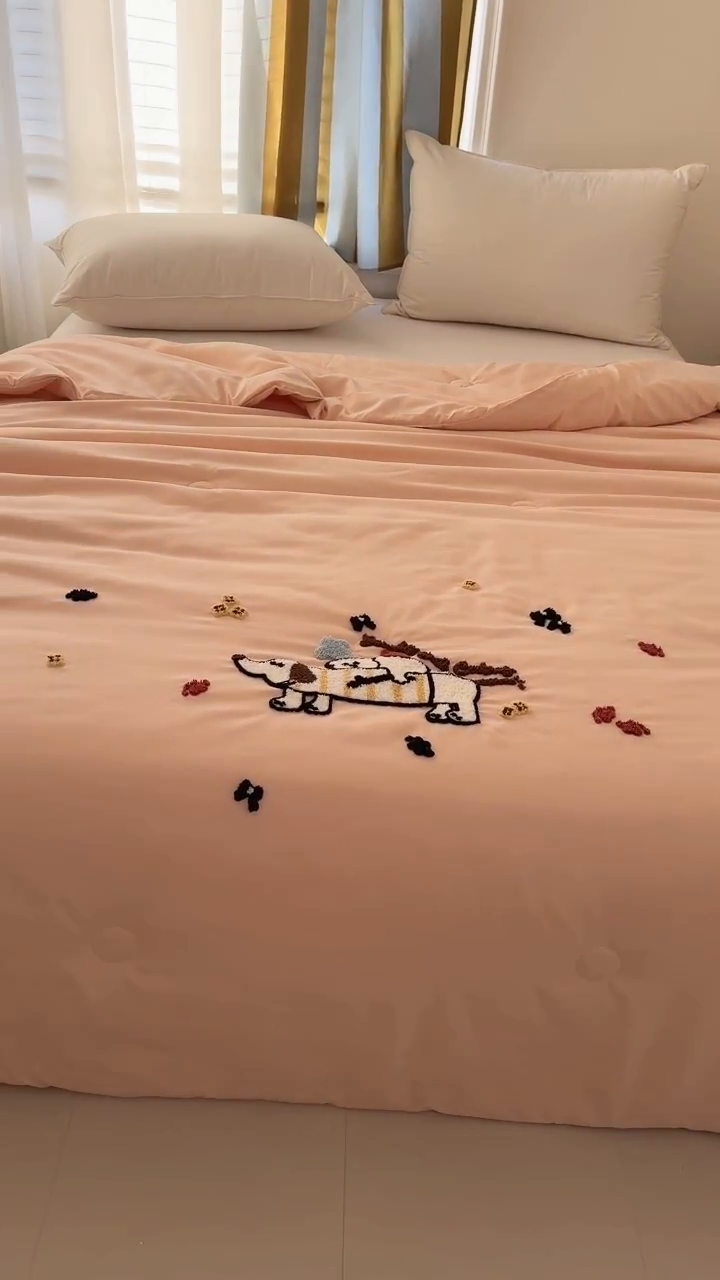 91家纺网 家纺一手货源 找家纺 丹本家纺 2025春夏新款薄被卡通小清新A类水洗棉毛巾绣夏被空调被 好朋友-冰玉