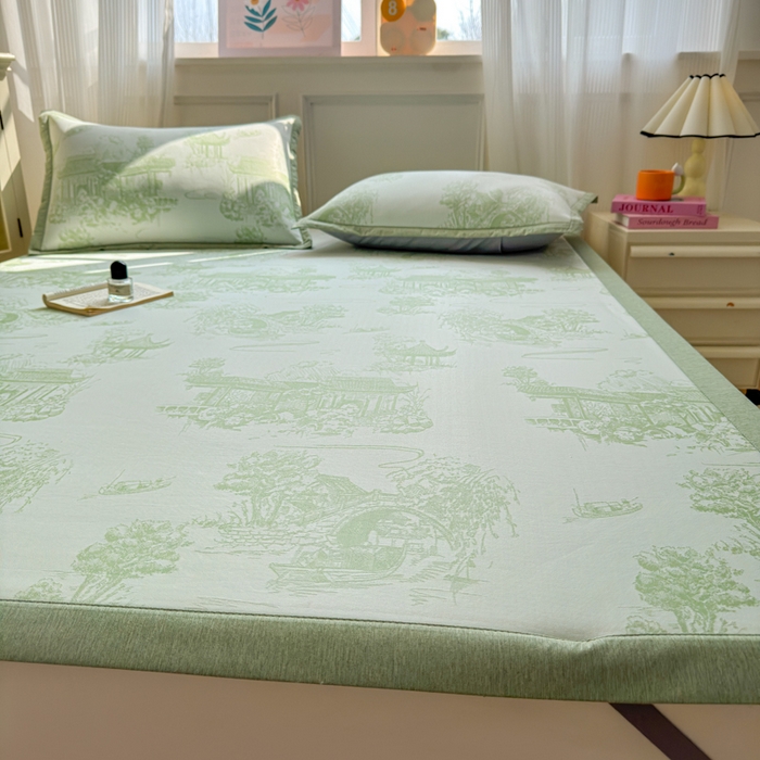 91家纺网 家纺一手货源 找家纺 花漾家居 2025新款A类色织提花PE凉感丝凉席三件套床单床笠款 床单款-江南绿