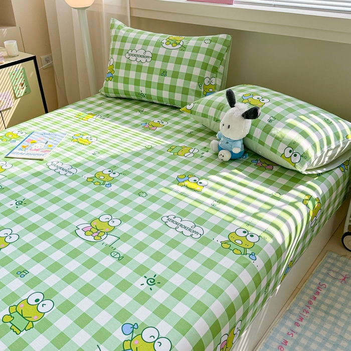 91家纺网 家纺一手货源 找家纺 呗旺鹿 2025新款正版三丽鸥全棉13372单品床笠 格子大眼蛙