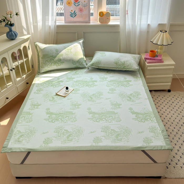 91家纺网 家纺一手货源 找家纺 花漾家居 2025新款A类色织提花PE凉感丝凉席三件套床单床笠款 床单款-江南绿