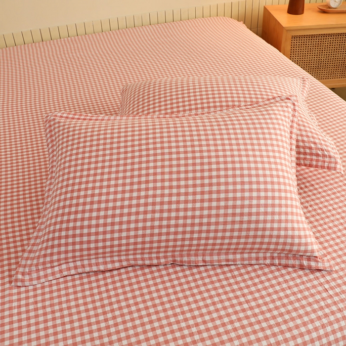 91家纺网 家纺一手货源 找家纺 绒多多 2025新款简约水洗棉色织床笠 粉玉小格