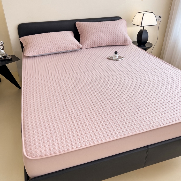 91家纺网 家纺一手货源 找家纺 席世家 2025新款凉感席冰豆豆席子三套件凉席床笠 小方格芙蓉粉-床笠款