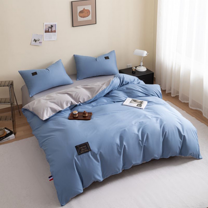 91家纺网 家纺一手货源 找家纺 恋之语 2025新款90克纯色双拼四件套 海洋蓝+浅灰
