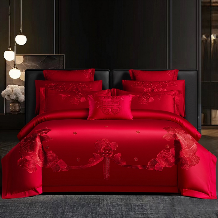 91家纺网 家纺一手货源 找家纺 博之洋婚庆 2025新款全棉长绒棉刺绣新中式婚庆系列多件套 甜蜜时光--红