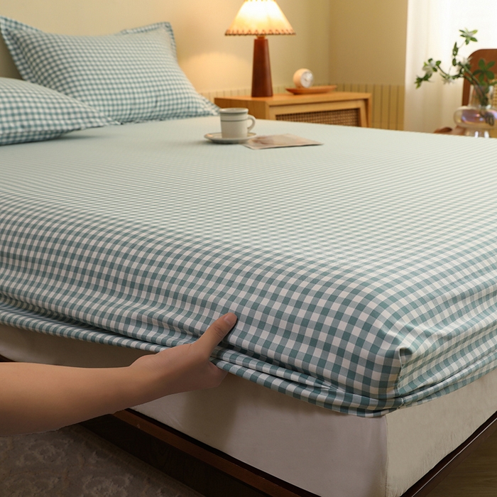 91家纺网 家纺一手货源 找家纺 绒多多 2025新款简约水洗棉色织床笠 绿小格