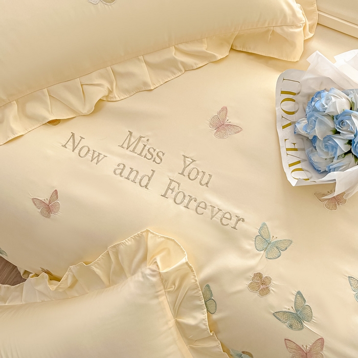 91家纺网 家纺一手货源 找家纺 恋之语 2025新款水洗棉刺绣花边四件套-蝶羽 蝶羽-黄