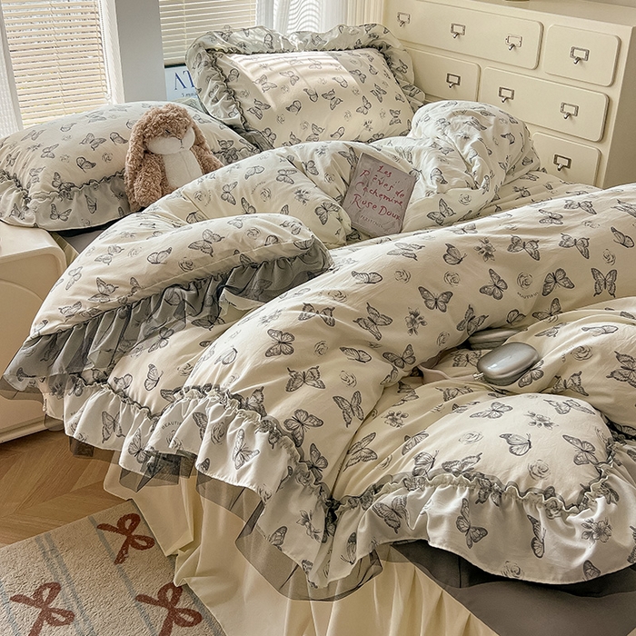 91家纺网 家纺一手货源 找家纺 （总）眠帛家居 2025新款A类法式皱皱纱小清新蕾丝花边四件套