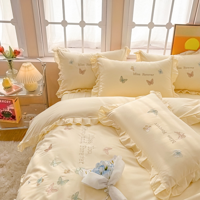 91家纺网 家纺一手货源 找家纺 恋之语 2025新款水洗棉刺绣花边四件套-蝶羽 蝶羽-黄