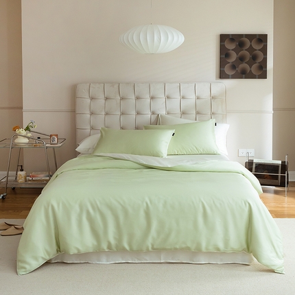 91家纺网 家纺一手货源 找家纺 2025新款春夏精致都市风60s兰精天丝纯色拼色四件套 若草乳白