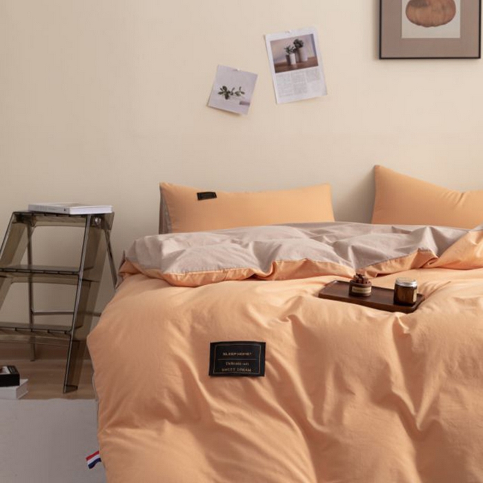 91家纺网 家纺一手货源 找家纺 恋之语 2025新款90克纯色双拼四件套 奶油橙+卡其灰